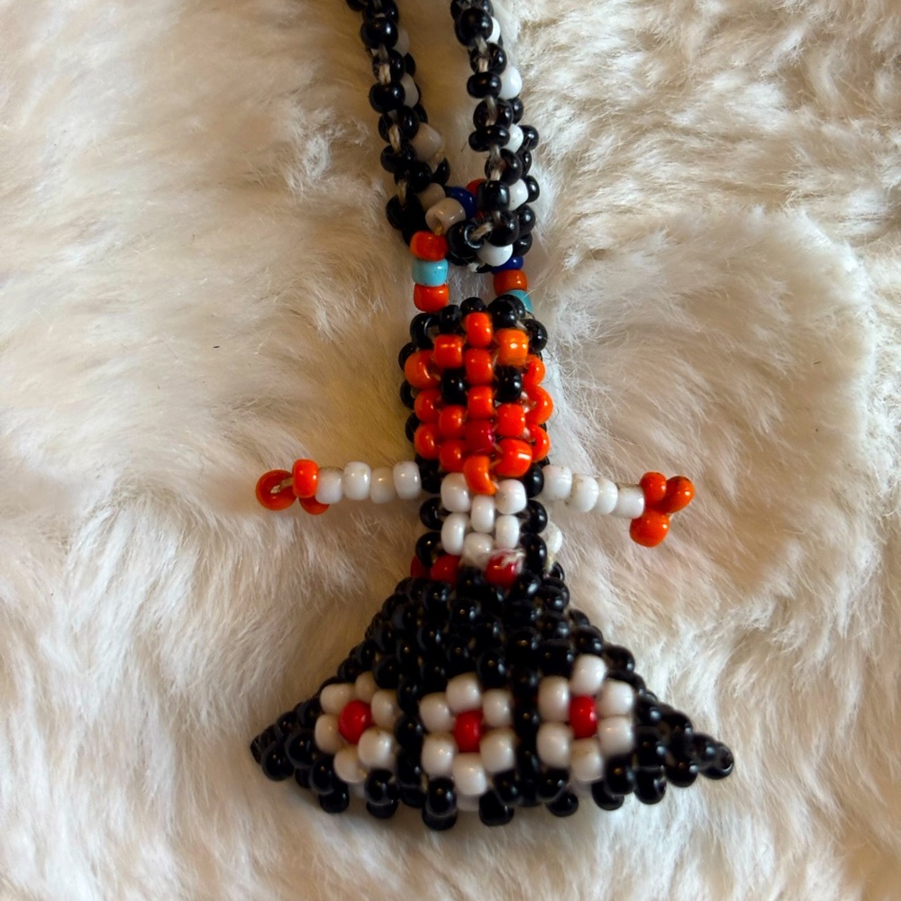 Handmade Beaded Folk Art Necklace | Colorful Boho Woman Pendant | Red Seed Bead